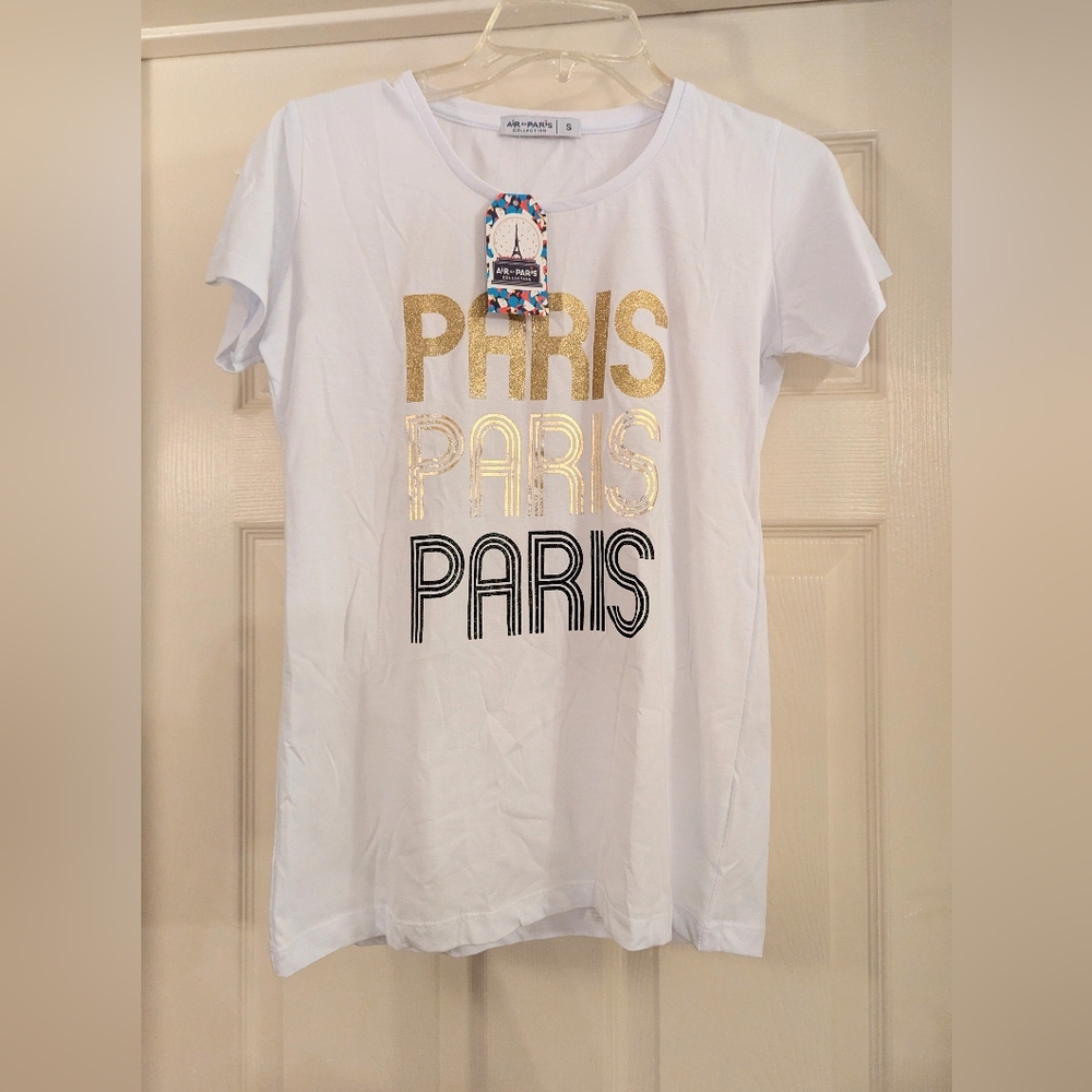 Brand New White T-Shirt From Paris with Gold and Black Paris Print Size Small